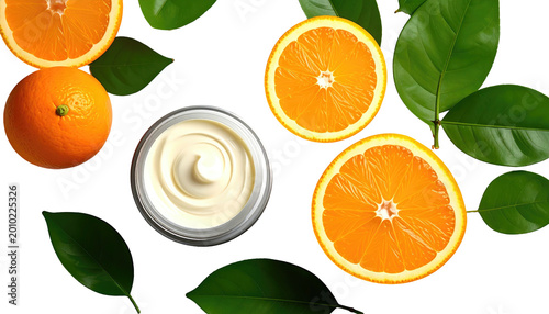 A flat lay shot features an open jar of cream surrounded by orange slices, a whole orange, and vibrant green leaves. The cream has a swirl
