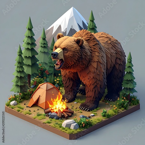 Isometric scene showing a large brown bear near a campsite with a bonfire, tent, trees, and snow-capped mountain backdrop