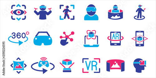 virtual reality icon set bundle. technology, virtual, 3d, glasses, vr, augmented, game, digital, view and more. simple flat colored vector
