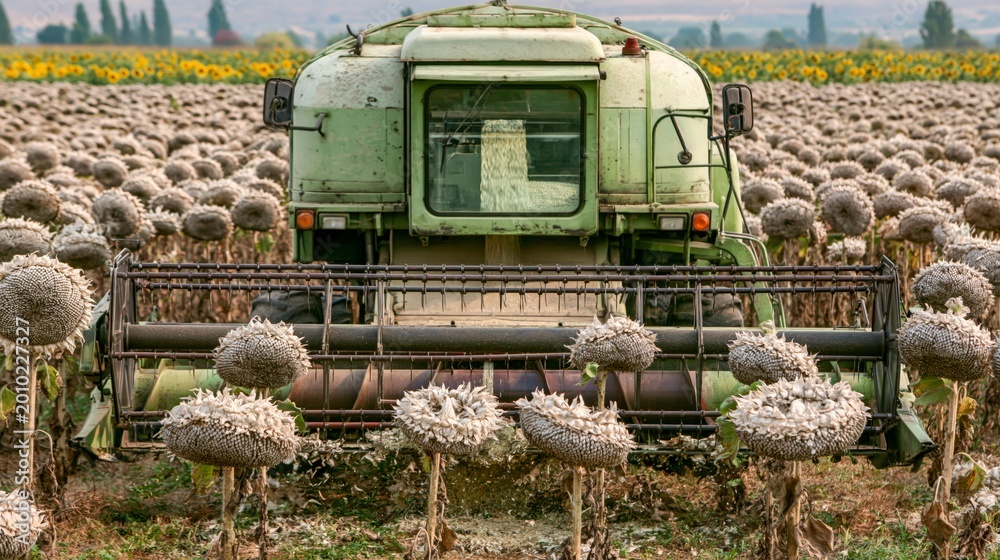 Fototapeta premium A sunflower seed industrial harvesting process.