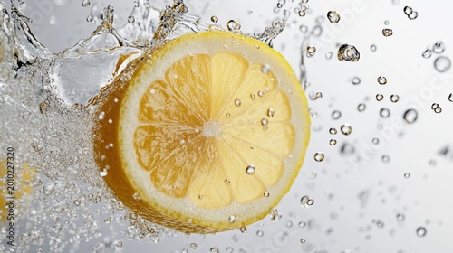 Refreshing Lemon Slice in Soda Water - High Detail Microphysics Splash on White Background