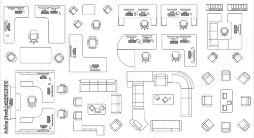 Office floor plan layout design schematic with furniture and workstations.