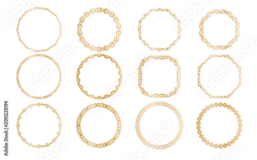 Set of round gold decorative frames. border with delicate floral and ornamental details. For logos, invitations, wedding stationery, labels, certificates, and luxury branding