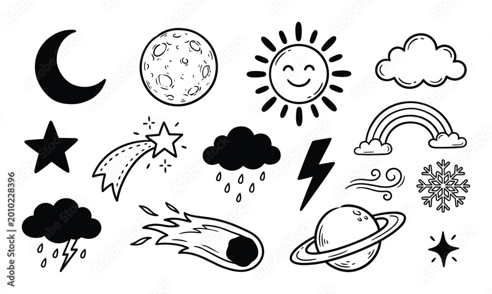 Obraz premium Hand-drawn black and white weather and space icons including sun, moon, clouds, and stars