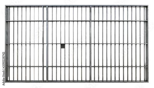 A frontal view depicts a prison cell's barred door, the metal structure detailed against a black background. The bars are vertically oriented