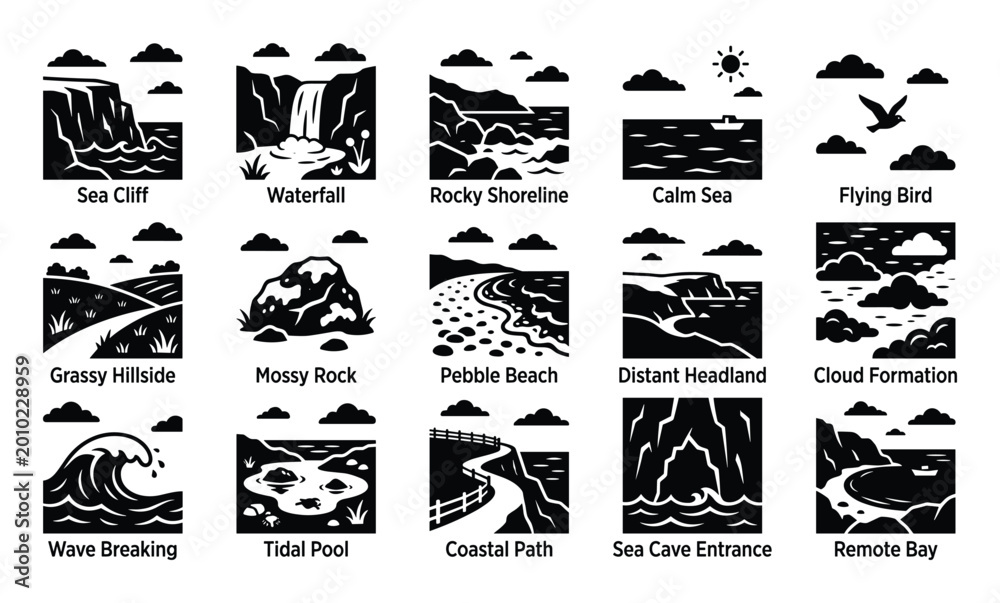 Fototapeta premium Collection of black and white vector icons depicting various natural coastal and landscape elements