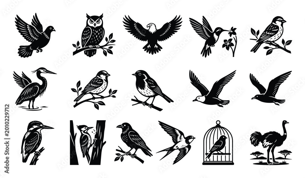 Obraz premium Collection of diverse bird silhouettes in black and white, including an owl, eagle, hummingbird, and various songbirds, depicted in a clean, graphic style
