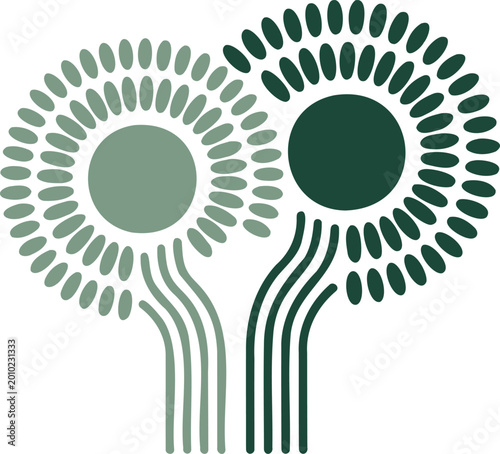 Obraz na płótnie Green abstract flower design with rounded petals and stems on white background