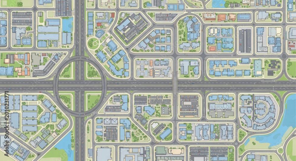 Obraz premium Aerial View of a Modern City Plan with Roads and Buildings.