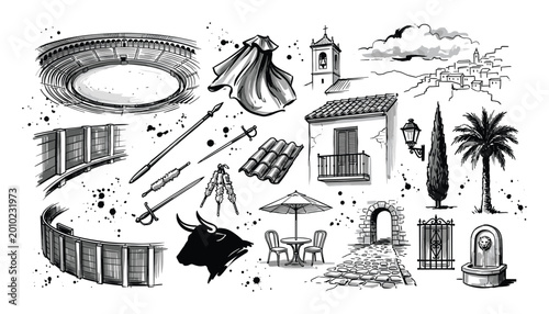 Collection of hand-drawn Spanish cultural elements and architecture, including a bullring, bull, matador cape, and traditional buildings, in a black and white sketch style