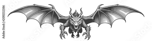 Attacking fantasy dragon, front view, vintage monochrome engraving vector illustration for game or heraldic mascot design