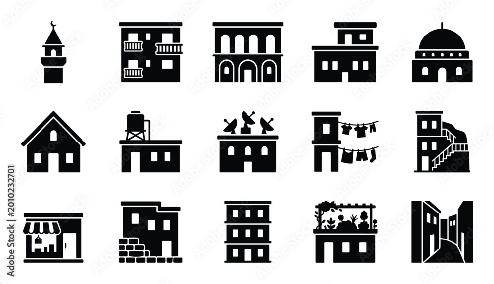 Naklejka premium Collection of diverse black flat building icons representing various architectural styles and urban structures