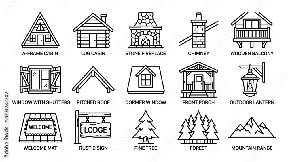 Fototapeta premium Collection of black outline icons representing various elements of a rustic cabin or lodge