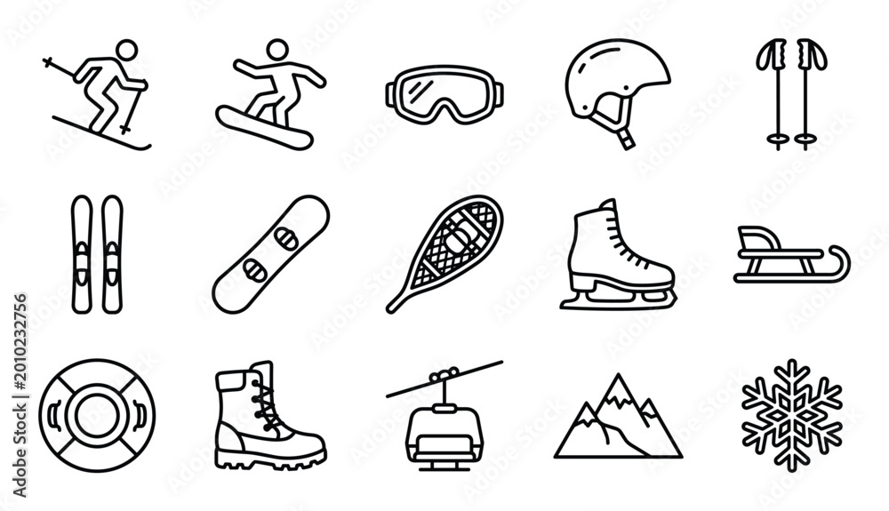 Fototapeta premium Collection of black outline icons representing various winter sports and activities