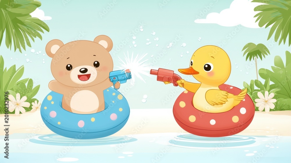 Fototapeta premium Cute bear and duckling play with water guns in colorful floats at a sunny beach setting, summer fun