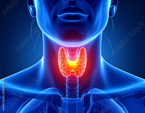 Medical Illustration Of Human Thyroid Gland Glowing Orange In Blue Anatomical Neck View Highlighting Endocrine System Anatomy