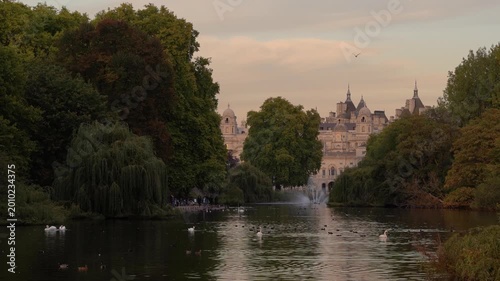 St James's Park lake at sunset with Horse Guards Parade in the background