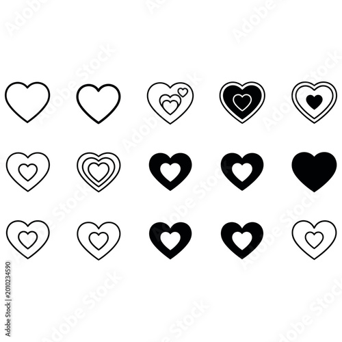 A romantic set of red and pink heart shape icons and vector illustrations for Valentine's Day decoration, featuring artistic symbols of love, passion, and holiday patterns on a card design