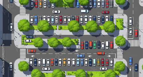 Aerial view of a busy parking lot with many cars and trees.