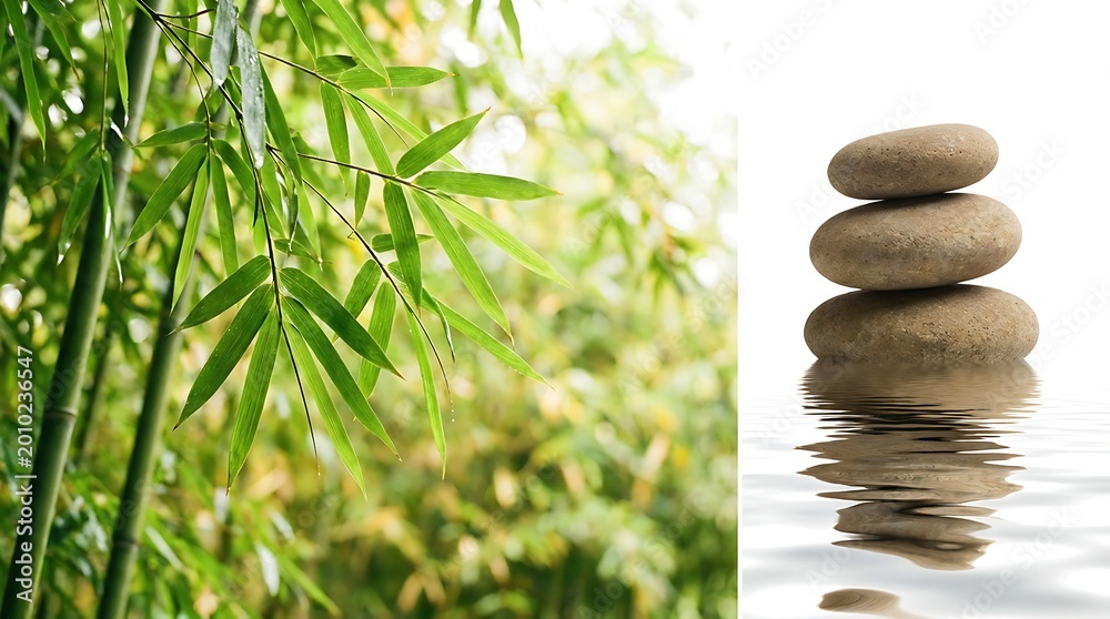 Obraz premium Zen-inspired composition featuring bamboo and stacked stones, representing balance and tranquility. The combination of nature's elements brings a sense of calm and serenity
