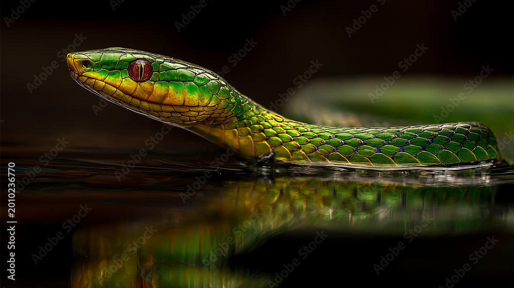 Fototapeta premium emerald tree boa gliding on amazon river reflection