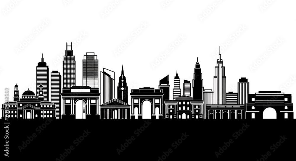 Fototapeta premium Detailed Silhouette of a City Skyline with Prominent Landmarks.