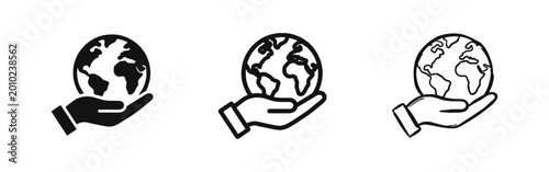 Hand holding world globe icon set for ecology, environment protection and global care