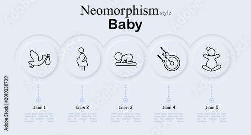 Baby set icon. Stork bird carrying newborn bundle, pregnant woman silhouette, crawling baby child figure, rattle toy with sound lines, sitting baby toddler pose