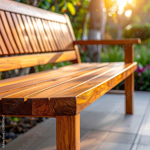 Wooden Garden Bench Photograph In Warm Golden Hour Sunlight With Blurred Green Nature Background And Polished Timber Texture Close Up
