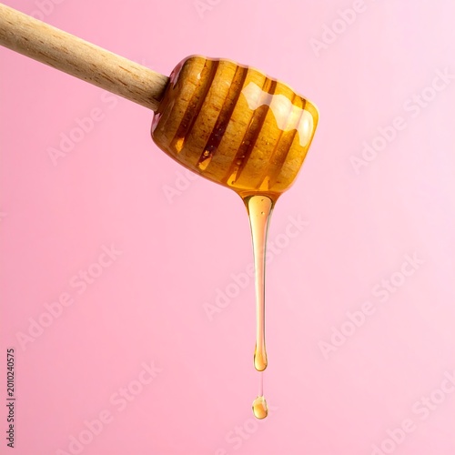 Wooden Honey Dipper With Golden Liquid Honey Dripping Against A Pastel Pink Background In Clean Macro Studio Photography Style