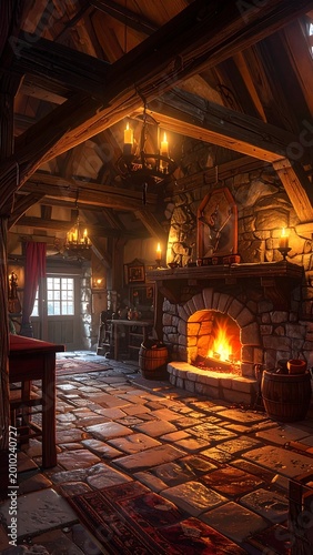 Medieval Tavern Interior Cozy Warm Candlelight With Roaring Stone Fireplace Rustic Wooden Beams And Stone Floor In Fantasy Cottage