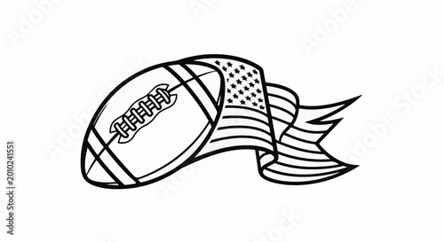 Black and white illustration of a football with a wavy American flag