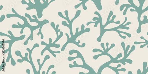 Seamless pattern with abstract seaweed silhouettes, marine botanical background