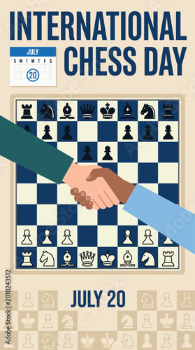 International Chess Day event with handshake over chessboard design  