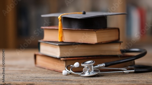 Graduation cap rests atop a stack of vintage books next to a professional medical stethoscope on a wooden table.