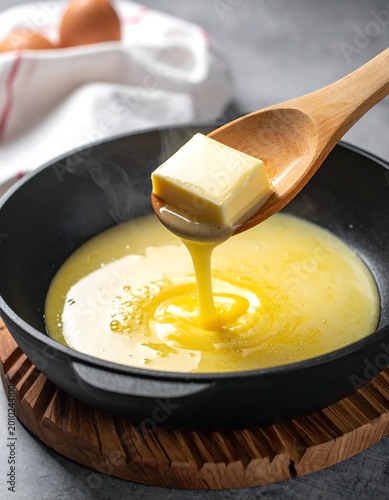 Yellow Butter Cube Melting On Wooden Spoon Over Black Frying Pan With Steam In Rustic Kitchen Setting With Eggs In Background