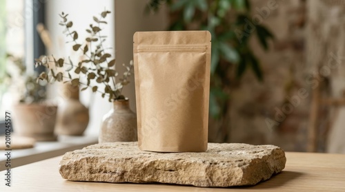 Kraft stand up pouch mockup on natural stone with plant