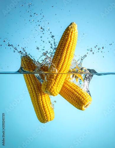 Yellow Corn Cobs Studio Photography Splashing Into Clear Blue Water With Bubbles And Droplets