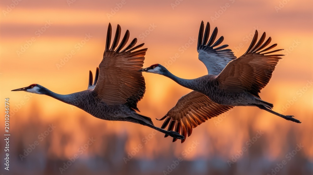 Fototapeta premium Two sandhill cranes fly gracefully against a vibrant orange sunset sky.