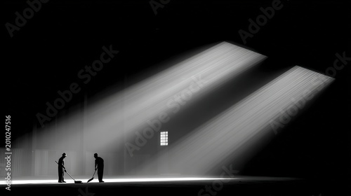 Silhouette workers stand in a dark warehouse illuminated by dramatic shafts of light streaming through overhead windows.