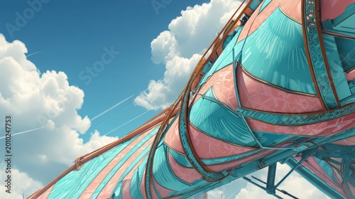 Pastel colored carousel structure rises toward a bright blue sky filled with fluffy clouds.
