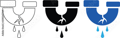 Leaking water pipe silhouette vector icon with dripping drops and ground puddle plumbing problem concept
