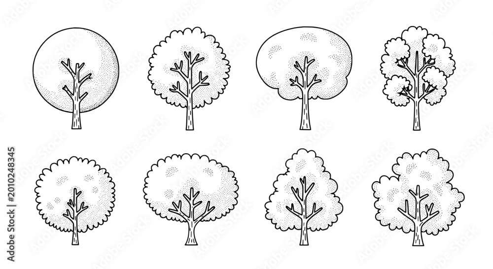 Obraz premium Tree hand drawn doodle icons set with simple line art trunks and leafy crown shapes for nature design
