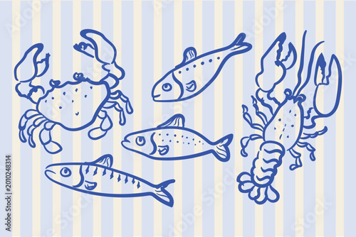 Tableau sur toile Seafood set blue doodle stripe pattern vector