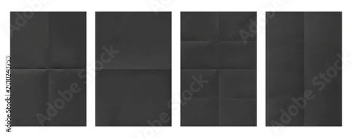 Fotografia Black folded paper texture set, dark crumpled poster background collection with