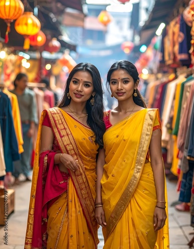 Two Indian Women in Traditional Sarees at a Vibrant Market.