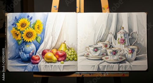 Art Sketchbook Displays Vibrant Watercolor Still Life of Fruit and Tea Set