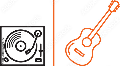 Fotografía Vector icons of a turntable and an acoustic guitar separated by a vertical line