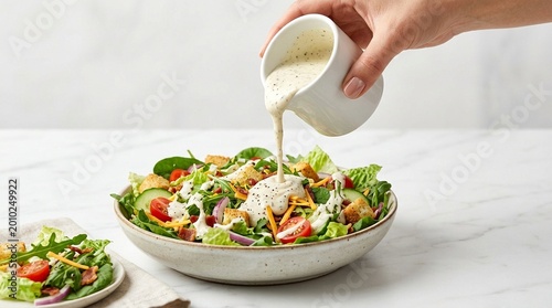 Ranch Dressing Drizzle Vivid Creamy Ranch Pouring From Cup Over Salad Action Close 45-Degree Hero Angle Classic Fast Food Photography