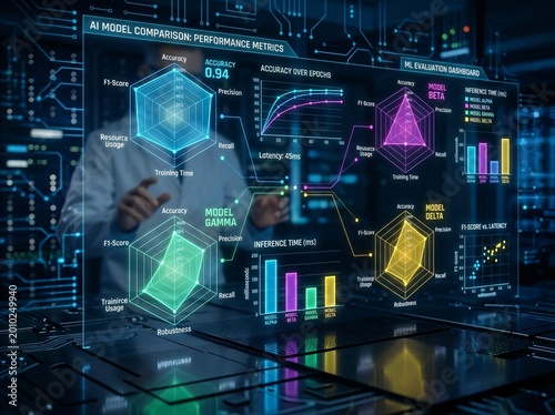 A futuristic AI dashboard with intricate data visualization and a person interacting with it. The dashboard presents complex data analysis in a user-friendly way